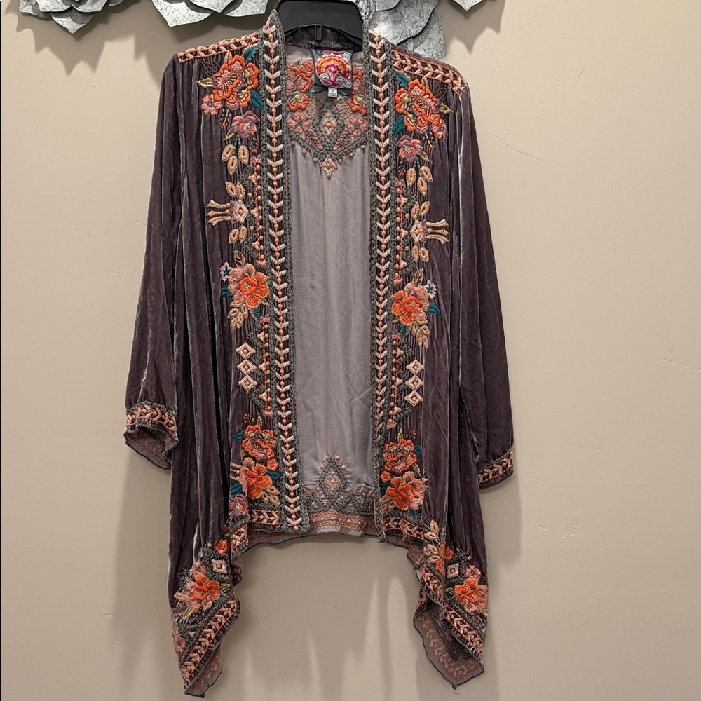 JOHNNY WAS VELVET EMBROIDERED CARDIGAN DUSTER SZ SMALL EUC